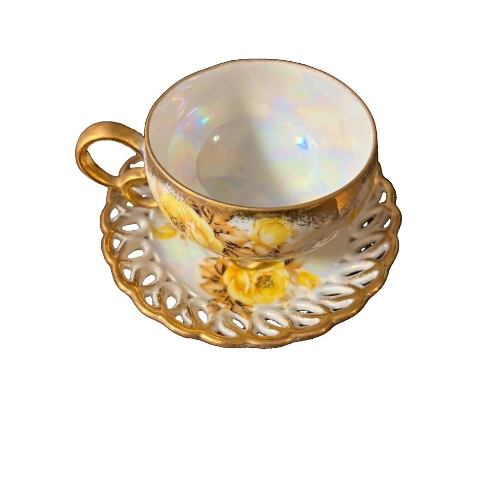 Vintage Royal Sealy China Japan Footed Teacup Saucer Yellow Roses Gold Luster